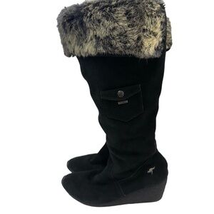 ROOS Suede Leather & Real Fur 3” Wedge Heel Black Winter Boots Rubber Sole 8.5